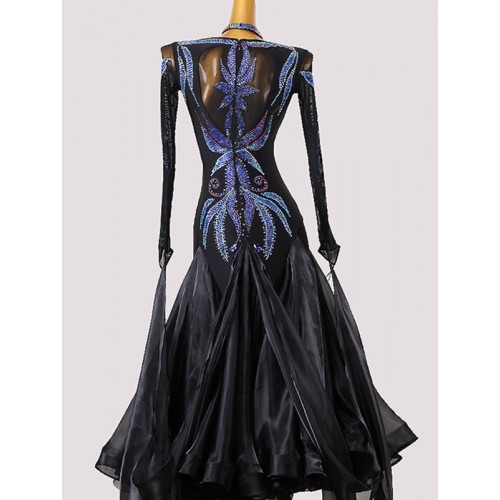 Custom size Black with blue diamond competition ballroom dancing dresses for women girls waltz tango foxtort world cup black pool ball room dance gown for female